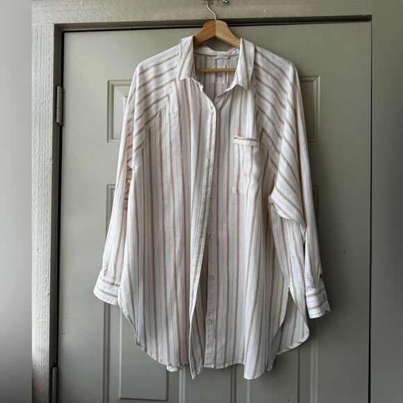 Aerie Two-Piece Set – Striped Button-Down Shirt L High-Waist Wide-Leg Pants M - Picture 7 of 16